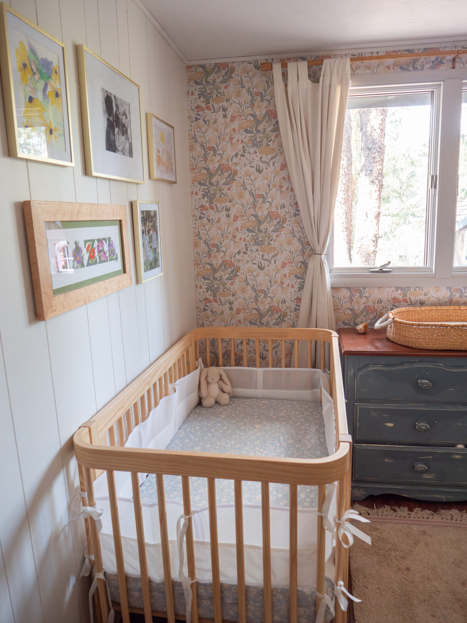 A crib in a room.