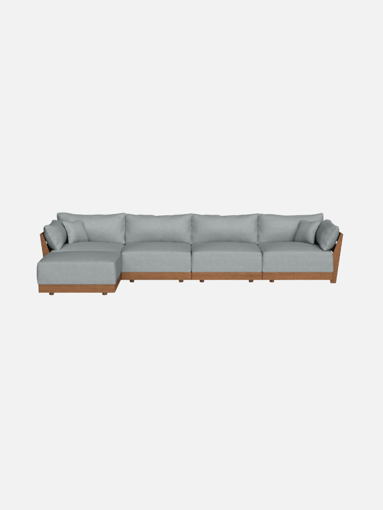A modern sectional sofa with light gray cushions, a wooden base, and a left-side chaise lounge, shown against a plain white background.