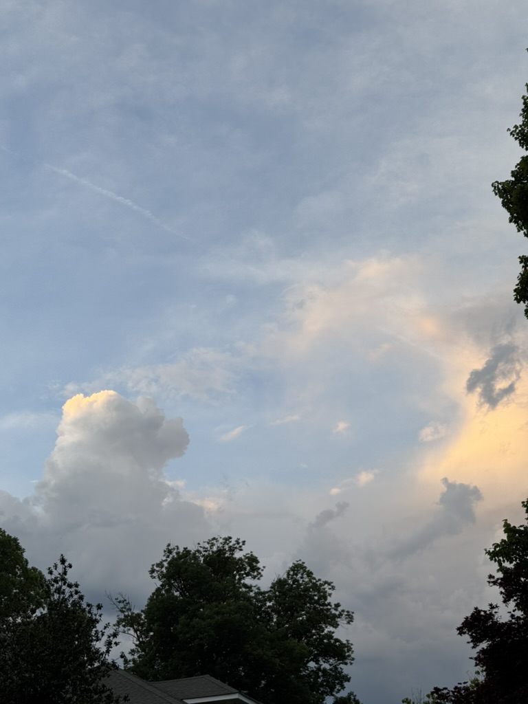 Partly cloudy sky at sunset with tree silhouettes and a roofline visible at the bottom of the image.