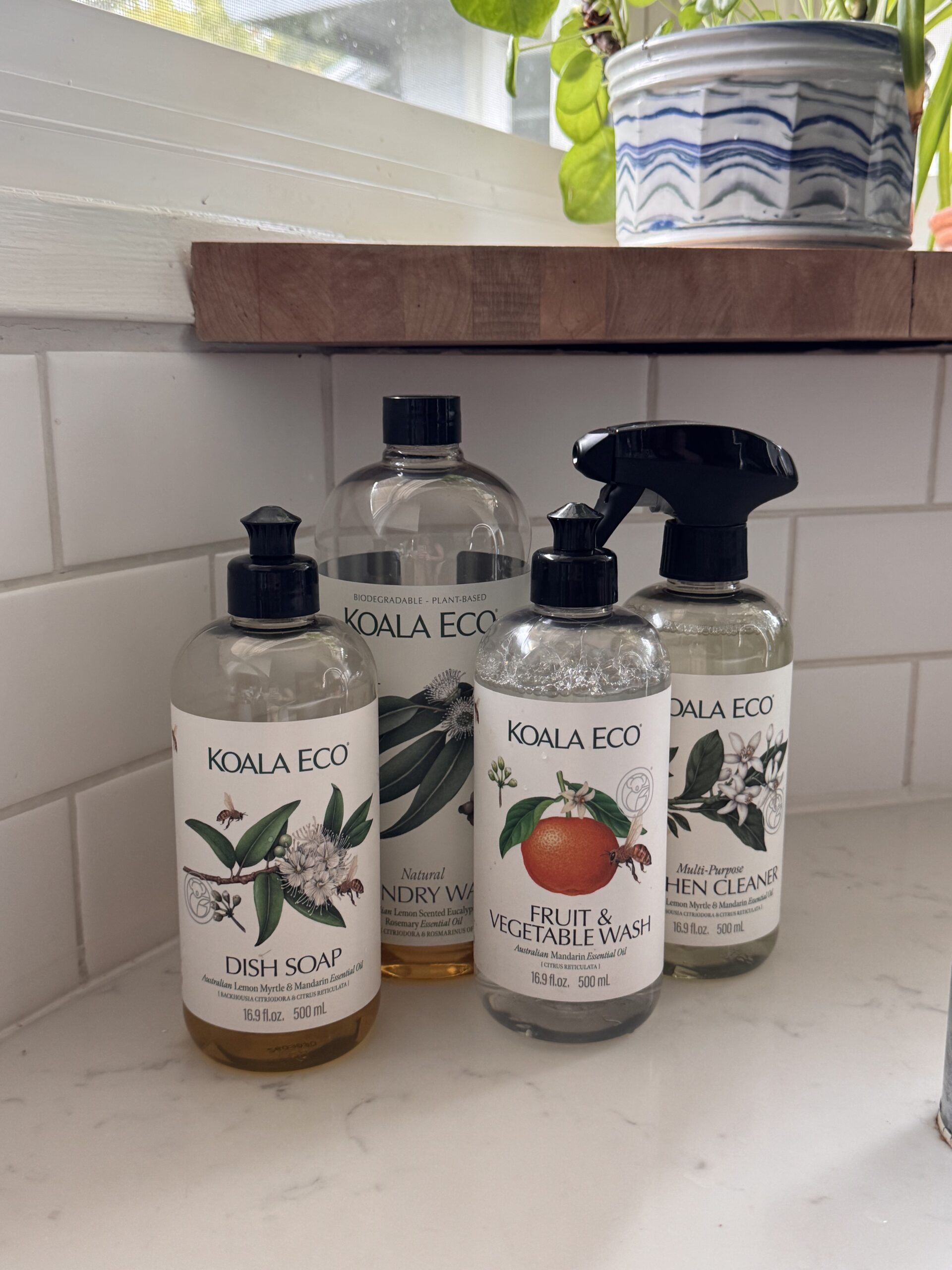 Four Koala Eco cleaning products—dish soap, laundry wash, fruit and vegetable wash, and kitchen cleaner—are placed on a white kitchen counter near a window.